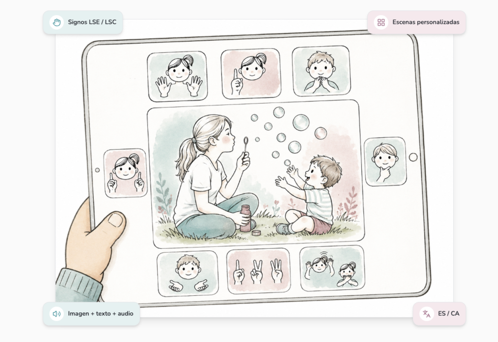 Ilustración de la app Esvisi en una tableta: una escena visual rodeada de pictogramas de signos